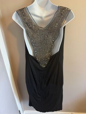 Castro Y2K Beaded Mesh Back Cowl Neck Mini Dress Black M